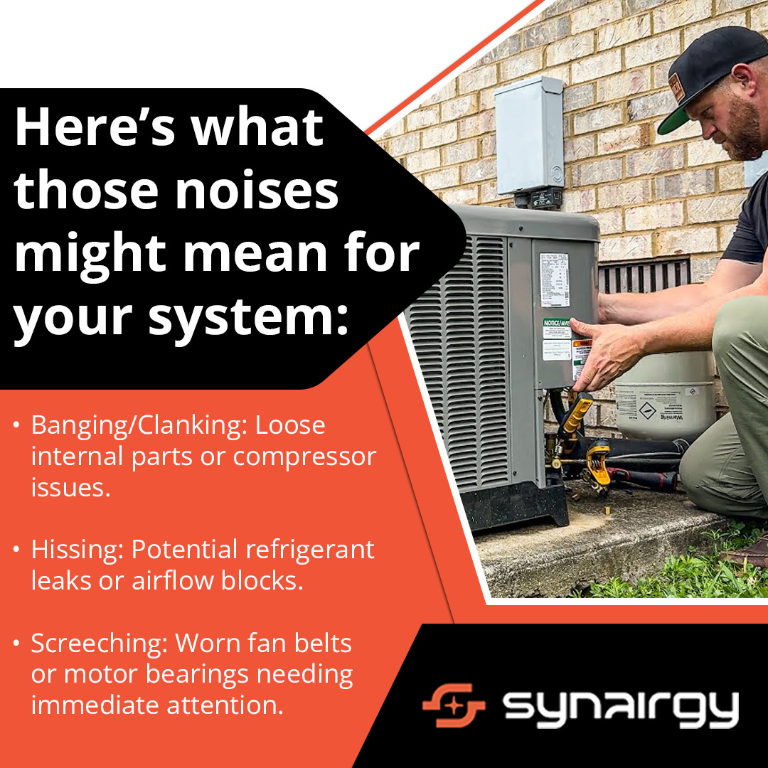 HVAC technician inspecting outdoor AC unit diagnosing system noises and performance issues
